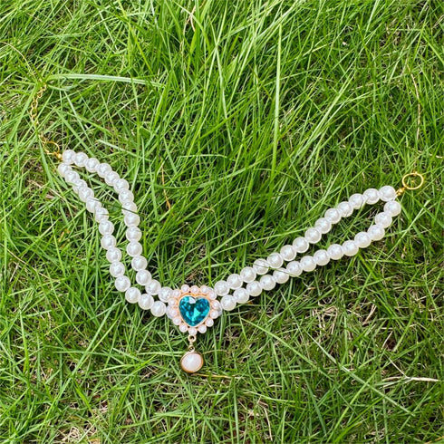 Handmade Pearl Dog Necklace, Cute Cat Collar, Fancy Adjustable Puppy Collar with Blue Heart Jewelry for Birthday Party