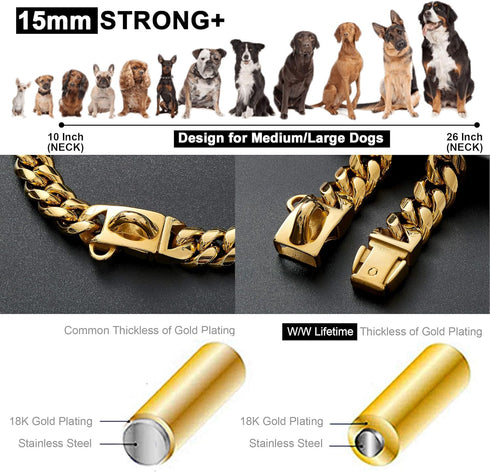 Gold Dog Chain Collar, 18K Cuban Link Metal Chain Collar with Secure Buckle, Heavy Duty Chew Proof for Medium Dogs