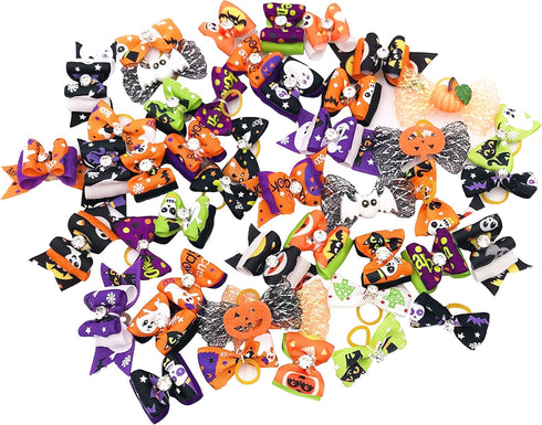 50Pcs Halloween Small Dogs Hair Bows, Puppy Hair Bow Ties with Pumpkin Skull Bat Ghost for Pet Grooming