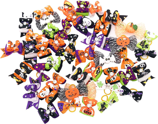 50Pcs Halloween Small Dogs Hair Bows, Puppy Hair Bow Ties with Pumpkin Skull Bat Ghost for Pet Grooming