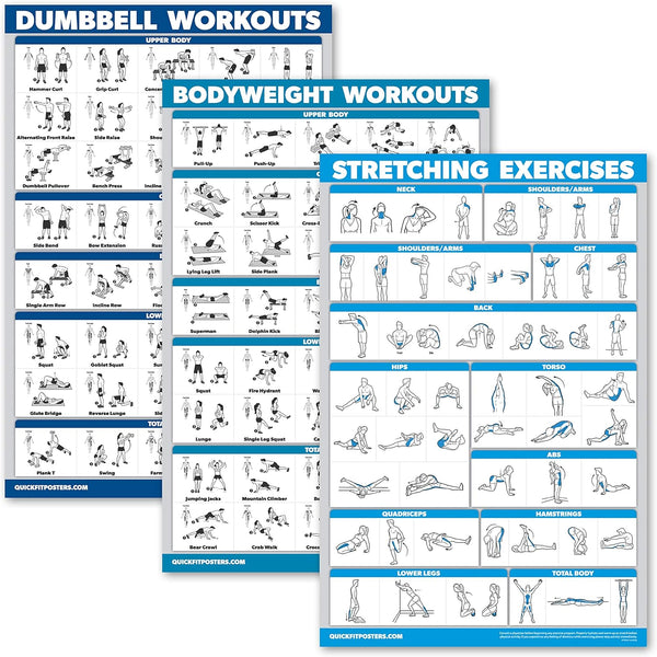 QuickFit 3 Pack Workout Charts, Dumbbell Workouts + Bodyweight Exercises + Stretching Routine Posters