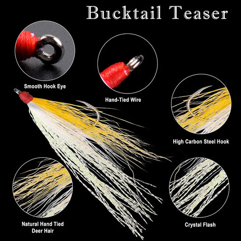 Shaddock Fishing 5 Bucktail Teasers with Hook Saltwater, Fishing Teaser Lures Flounder Rig Fishing Jig Hooks Colors