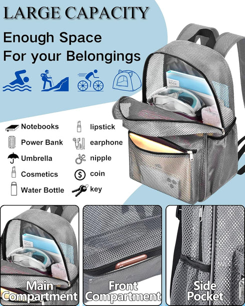 Paxiland Mesh Backpack, Lightweight See Through Backpack for Commuting, Swimming, Travel, Beach Outdoor Sports - Grey