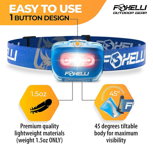 Foxelli LED Headlamp Flashlight for Adults & Kids, Lightweight & Waterproof, Comfortable Headband, 3 AAA Batteries