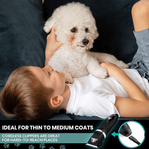 Professional Dog Grooming Kit - Cordless Low Noise Clippers for Thick Coats, Includes Nail Trimmer & Shears