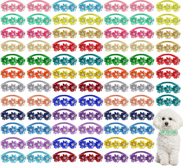 80 Pcs Dog Bowtie Flower Collars, Adjustable Girl Puppy Collars with Diamond Crystal for Dogs Cats Pet Supplies