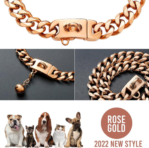Rose Gold Chain Dog Collar, 19mm 18K Gold Cuban Link with Secure Snap Buckle for Large Pitbull (26")