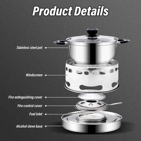 Hot Pot Alcohol Stove, Spirit Cooker with Pot, Camping Stoves Set, Easy to Carry Stainless Steel Liquid Stove
