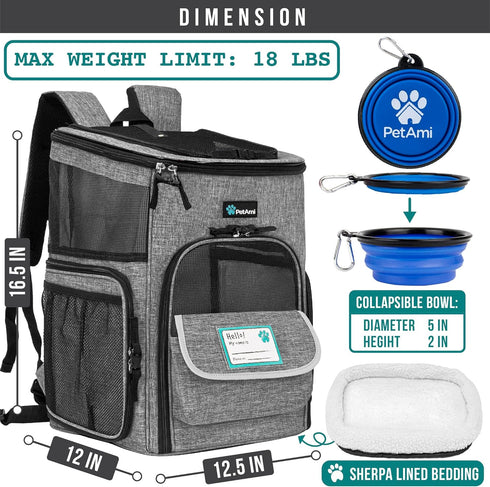 PetAmi Dog Backpack Carrier, Heather Gray, Airline Approved for Small & Large Cats, Ventilated Soft Sided