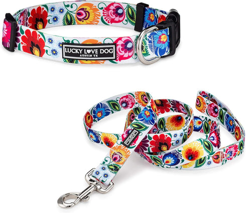 Lucky Love Dog Combo Set, Floral Collar and Leash Set for Medium Dogs, Cute Girl Matching Set, Part of Purchase Donated