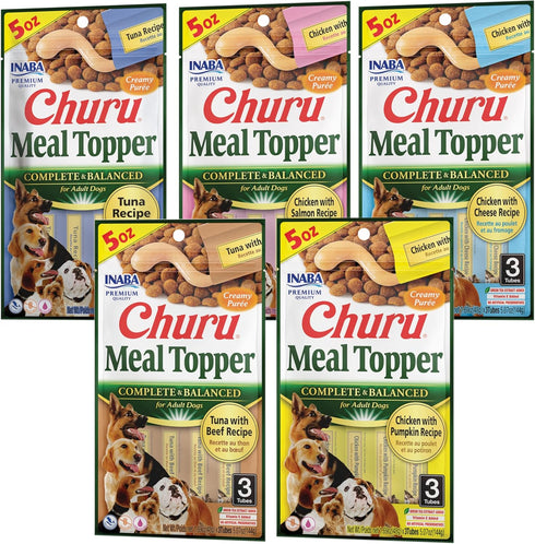 INABA Churu Meal Topper for Dogs, Complete & Balanced, Creamy Lickable Purée, 15 Tubes (1.69 oz Each), 5 Flavor Variety