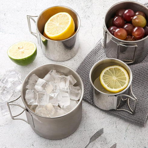 Stackable Stainless Steel Camping Mug Set, Portable Cups with Folding Handle & Mesh Bag for Outdoor Camping, 4 Piece Set