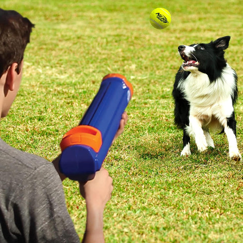 Nerf Dog 12in Blaster without Ball Clip - 3 Squeak Tennis Balls, Opaque Blue/Orange/Gray, Orange, Blue, Green