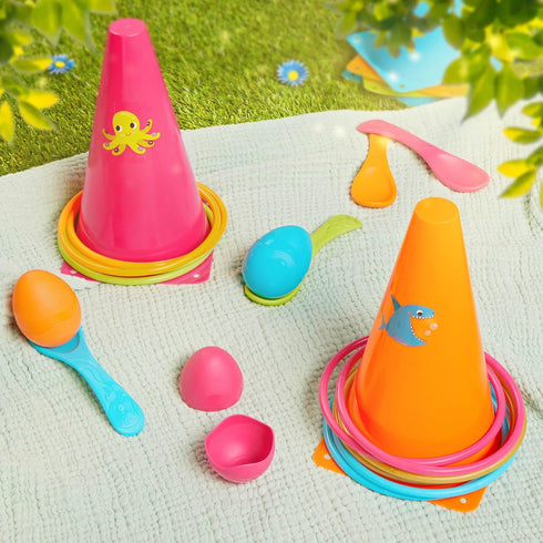 Set 3+ B. toys Outdoor Games Galore Combo Ring Toss & Egg-and-Spoon Game for Backyard Fun, Party Activities & Family