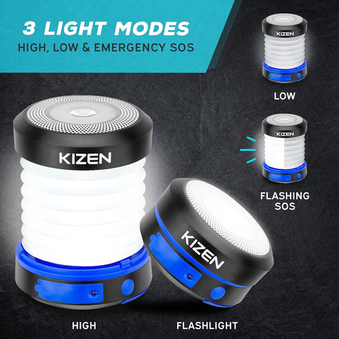 KIZEN Solar Camping Lantern - LED Emergency Flashlight, Collapsible Lamp, Rechargeable with Solar or Plug