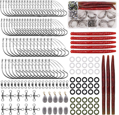 Wacky Rig Worm Hooks Kit – 163pcs Bass Fishing Weedless Hooks, O Ring Sinkers, Fishing Swivels for Soft Stick Baits