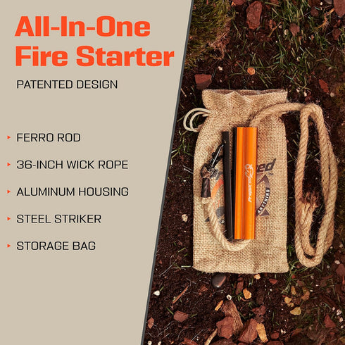 Prepared4X Fire Starter Survival Tool - All-in-One Flint and Steel Kit with 36" Waterproof Tinder Wick Rope