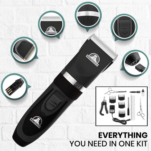 Professional Dog Grooming Kit - Cordless Low Noise Dog Clippers for Grooming Thick Coats - All Pet Safe Cat Hair Trimmer - Pet Grooming Kit Includes Dog Hair Clippers, Nail Trimmer & Shears