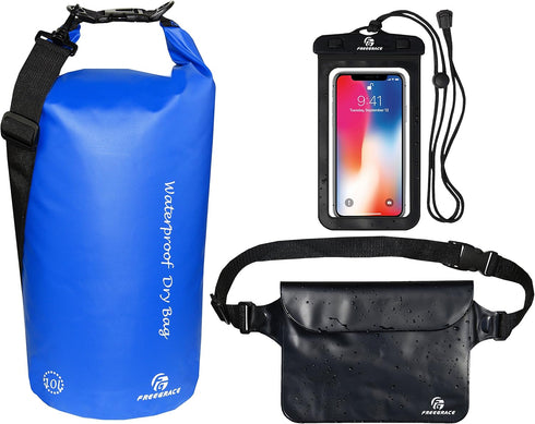 Waterproof Dry Bags Set of 3, 5L with 2 Zip Lock Seals, Detachable Shoulder Strap, Waist Pouch, Phone Case