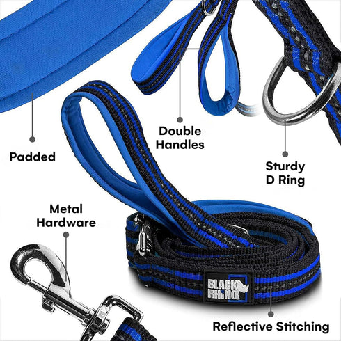 Black Rhino Heavy Duty Dog Leash for Medium and Large Dogs, 5 ft Long Double Handle with Padded Traffic Control