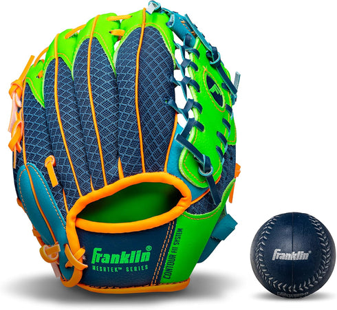 Franklin Sports Kids Teeball Glove + Foam Ball Sets - Meshtek Youth Gloves for Kids + Toddlers - 9.5" Left + Right Hand