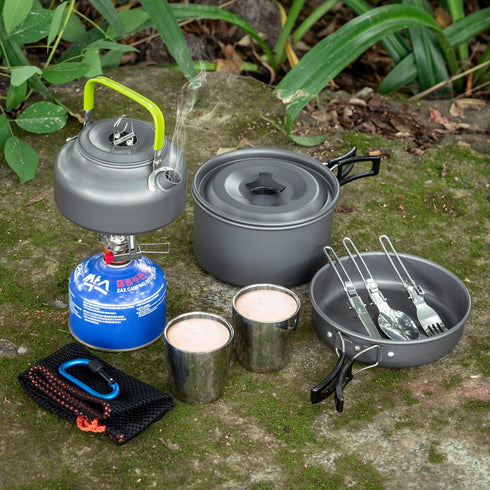 Odoland Camping Cookware Mess Kit | Lightweight Pot Pan Kettle with 2 Cups, Fork Spoon Kit for Hiking