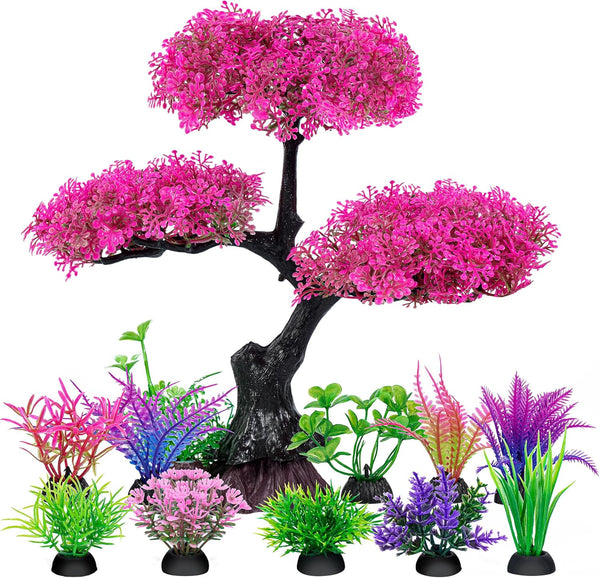 Ameliade Pink Cherry Blossom Tree & Grass Aquarium Decor Set, Artificial Plastic Plants for Goldfish Betta Fish Tank