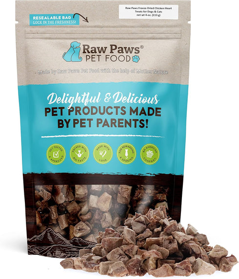 Raw Paws Chicken Hearts Treats, 4 oz - All Natural Freeze Dried Dog Cat Food Topper, High Protein, Grain Free