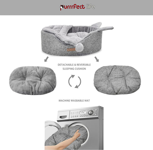 Oval Pet Beds for Cats and Small Dogs, Snuggery Bed with Attached Blanket, Washable High Resilience PP Cotton (Small,