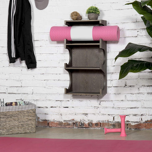 MyGift Wall Mounted Vintage Gray Wood 3-Tier Foam Roller, Yoga Mat Hanging Rack with Display Shelf