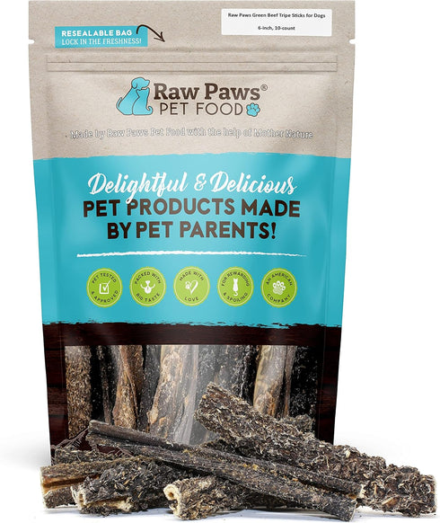 Raw Paws Green Beef Tripe Sticks for Dogs - 6-Inch (10-Count) - Dried Tripe Dog Treats from Free-Range Cows