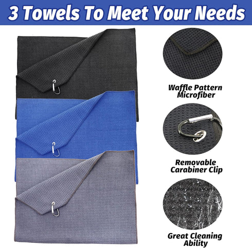 Golf Towel Set, 3 Microfiber Waffle Pattern Golf Towels & Club Cleaning Kit with Brush & Divot Repair Tool for Golf Bags