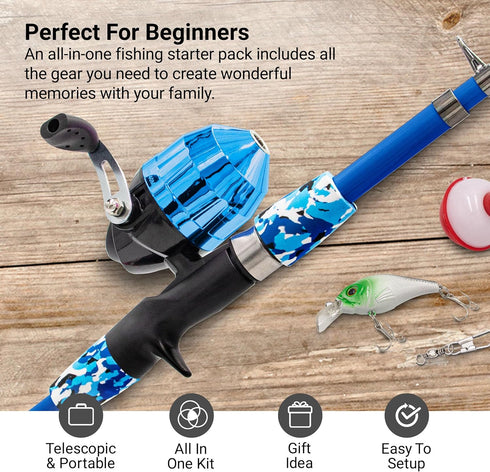 Kids Fishing Pole and Tackle Box, Rod and Reel Kit with Net, Travel Bag, Beginner’s Guide