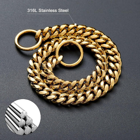 Chain Dog Collar: 18K Gold Cuban Link, Heavy Duty Slip Collar for Small Dogs (14", Fits Neck 10" to 12.5")