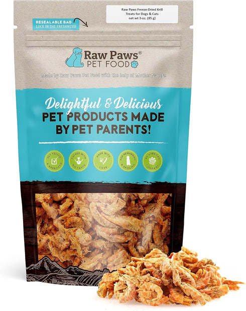 Raw Paws Freeze-Dried Krill Treats for Dogs & Cats, 3-oz - Naturally Contains Krill Oil for Dogs, Omega 3