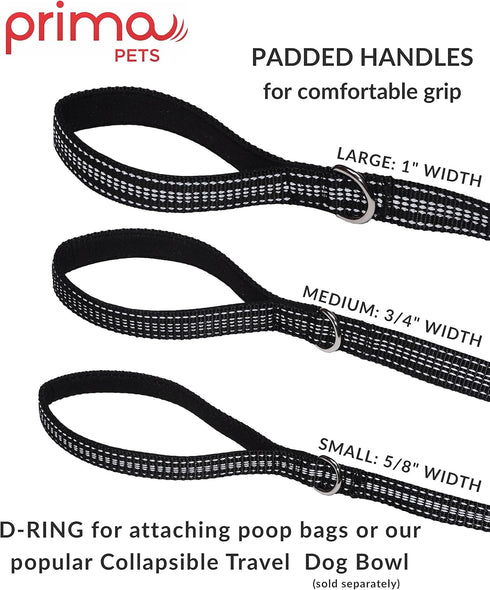 Reflective Nylon Dog Leash with Padded Double Handle - Heavy Duty Neoprene Control Training, 4 Feet Long, Black