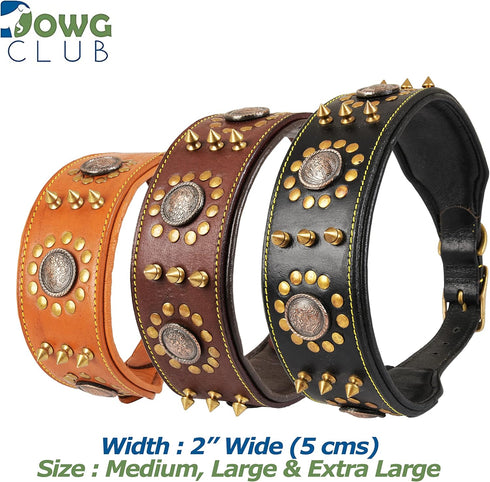 Punk Series Genuine Leather Dog Collar, Full Grain Heavy Duty for Medium, Large, XL Breeds (M, Neck Size 14.5"-18.5",