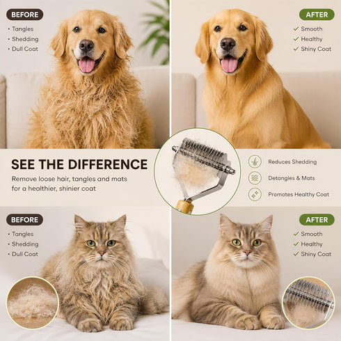 Juyoolumin 4-in-1 Set Bamboo Pet Grooming Kit for Medium to Long Haired Dogs & Cats, Dematting Comb with Undercoat
