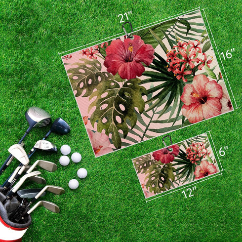Tropical Floral Golf Towel 2 Packs, Pink Red Hibiscus Flowers Microfiber Waffle Golf Towels