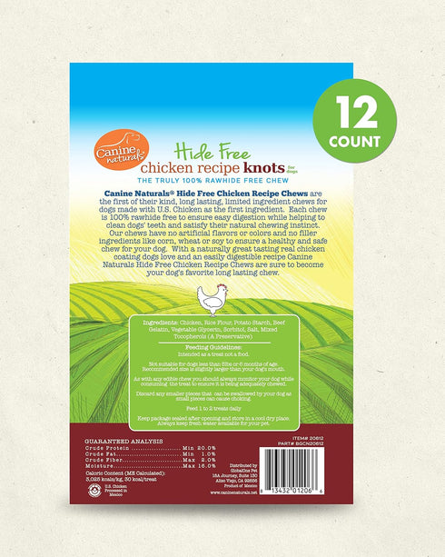 Canine Naturals Chicken Recipe Chew Dog Treats - Rawhide Free, All-Natural, 12 Pack Mini Knots for Dogs 5-20lb