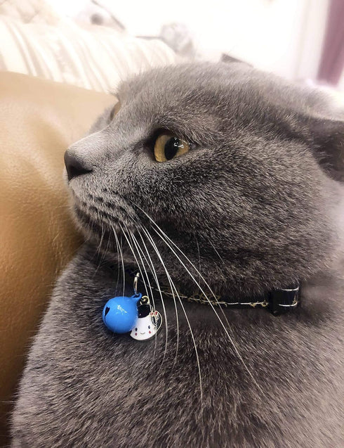 Breakaway Cat Collar with Bells & Kabuki Charm - Adjustable Chirimen Japanese Cat Collar for Kittens and Small Dogs