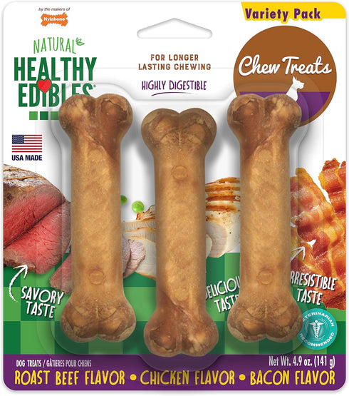 Nylabone Healthy Edibles Natural Dog Chews, Roast Beef, Chicken & Bacon Flavor Treats for Dogs, Small/Regular (3 Count)