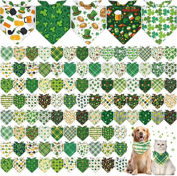 Paterr 100 Pieces Dog Bandanas Bulk St. Patrick's Day Pet Handkerchief Shamrocks