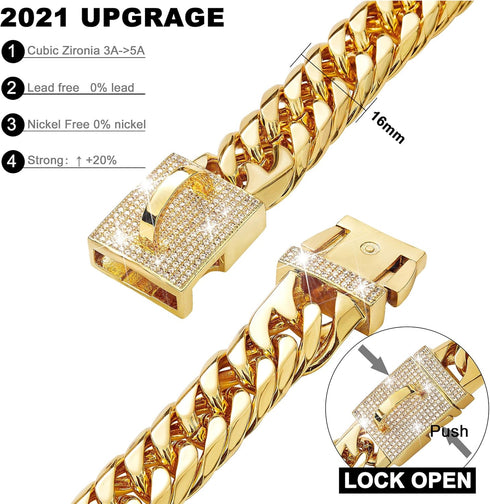 Dog Chain Collar Walking Metal Chain with Secure Buckle, Gold Cuban Link Heavy Duty for Medium Dogs (16MM, 16")