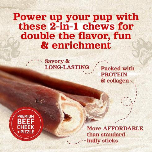 Natural Farm Power Bully Sticks Dog Chews, 6”, 15-Pack, Premium Beef Cheek Wrapped in Beef Pizzle, Long-Lasting Dental