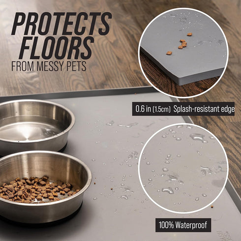 Leash Boss Dog Food Mat for Food and Water Bowls, Waterproof Silicone Pet Feeding Mat for Floors, Extra Tall Raised Edges, Cat and Dog Placemat for Floors, Dishwasher Safe (Small: 18"x11" - Navy)