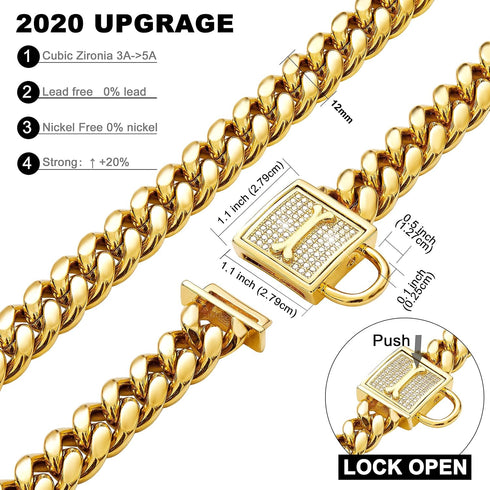 Chain Dog Collar with Zirconia Locking, 12mm 18K Gold Cuban Link Chain, Stainless Steel Luxury Dog Bling Necklace