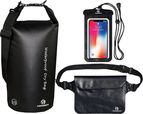 Waterproof Dry Bags Set of 3 with 2 Zip Lock Seals, Detachable Shoulder Strap, Waist Pouch & Phone Case - Black, 20L