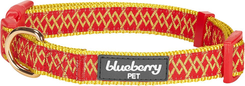 Blueberry Pet Adjustable Dog Collar, Gold Metallic Thread Zigzag, True Red, Small, Neck 12"-16"