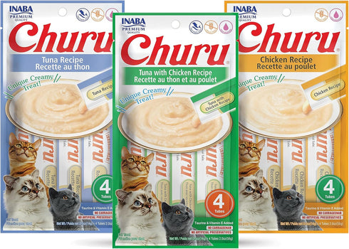 INABA Churu Lickable Purée Natural Cat Treats, Tuna & Chicken 3 Flavor Assortment (12 Tubes)